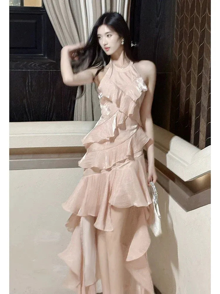 Dreamy A-Line Halter Sleeveless Open Back Floor-Length Evening Party Dress