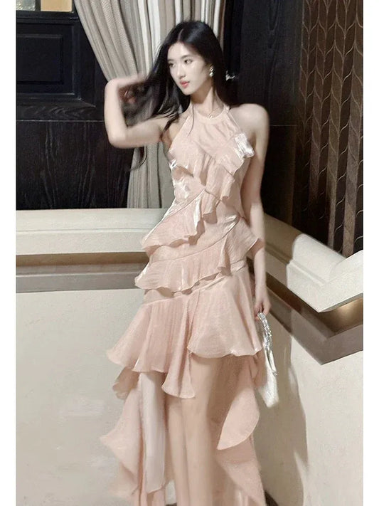 Dreamy A-Line Halter Sleeveless Open Back Floor-Length Evening Party Dress