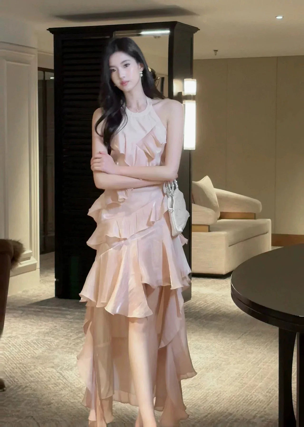 Dreamy A-Line Halter Sleeveless Open Back Floor-Length Evening Party Dress