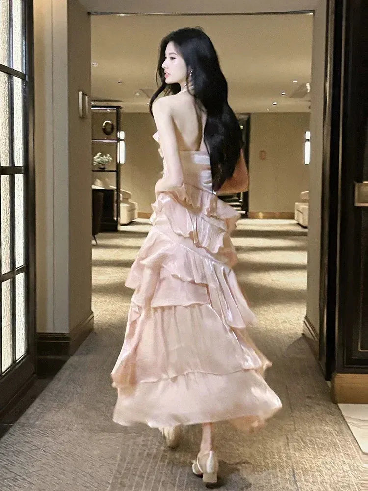 Dreamy A-Line Halter Sleeveless Open Back Floor-Length Evening Party Dress