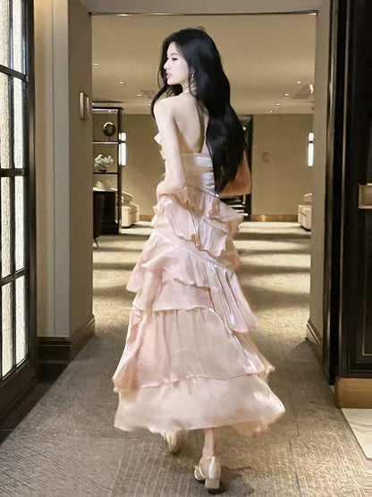 Dreamy A-Line Halter Sleeveless Open Back Floor-Length Evening Party Dress