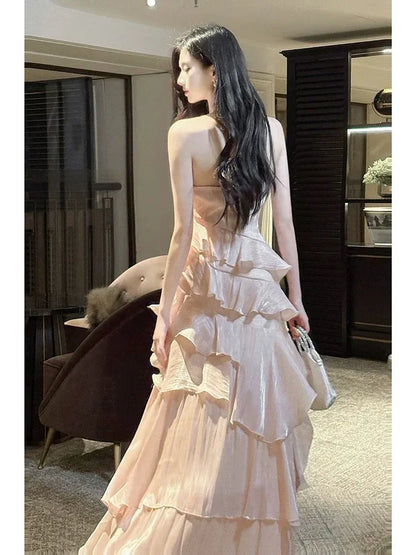 Dreamy A-Line Halter Sleeveless Open Back Floor-Length Evening Party Dress