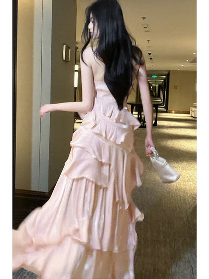Dreamy A-Line Halter Sleeveless Open Back Floor-Length Evening Party Dress