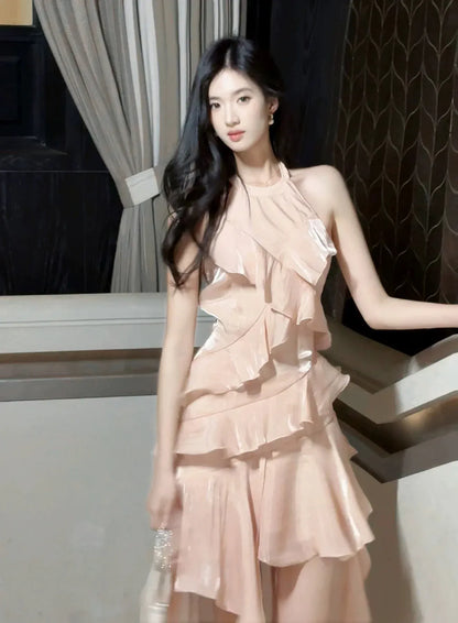 Dreamy A-Line Halter Sleeveless Open Back Floor-Length Evening Party Dress