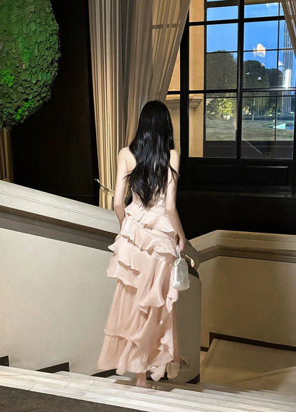 Dreamy A-Line Halter Sleeveless Open Back Floor-Length Evening Party Dress
