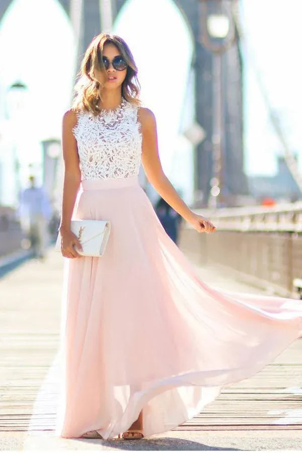 Dreamy A-Line High Neck Sleeveless Closed Back Floor Length Bridesmaid Party Dress