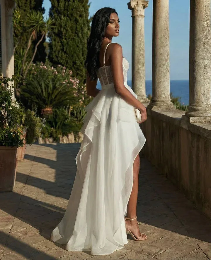 Dreamy A-Line Spaghetti-Strap Sweetheart Long Sleeve Backless High-Low Wedding Dress