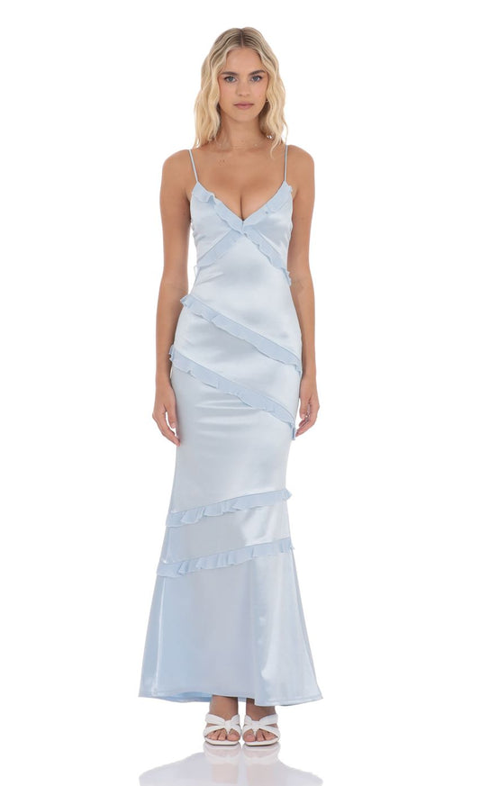 Dreamy Mermaid Deep-V Spaghetti-Strap Ruffled Light Blue Floor-Length Prom Dresses