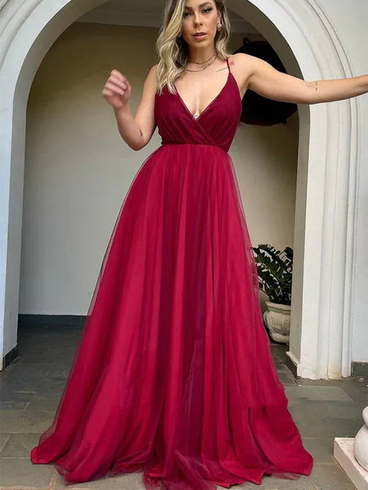 Dreamy A-Line Deep V-Neck Spaghetti Strap Tulle Burgundy Floor-Length Prom Dress