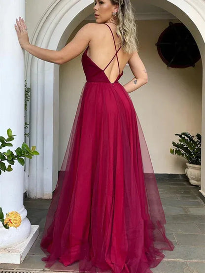 Elegant A-Line Deep V-Neck Spaghetti Strap Tulle Burgundy Floor-Length Prom Gown for Women