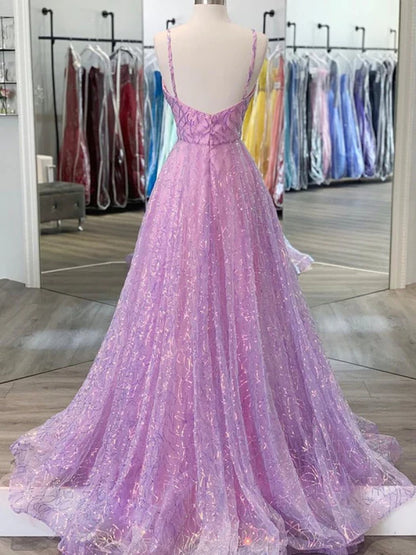 Dreamy A-Line Deep V Spaghetti Strap Glitter Lavender Prom Dress
