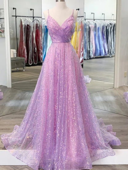Dreamy A-Line Deep V Spaghetti Strap Glitter Lavender Prom Dress