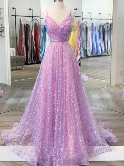 Dreamy A-Line Deep V Spaghetti Strap Glitter Lavender Prom Dress