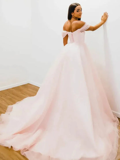 Elegant A-Line Off-Shoulder Sweetheart Tulle Blush Pink Floor-Length Prom Dress for Women