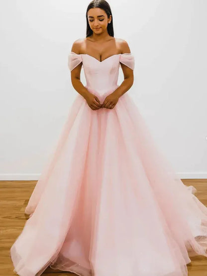 Elegant A-Line Off-Shoulder Sweetheart Tulle Blush Pink Floor-Length Prom Dress for Women