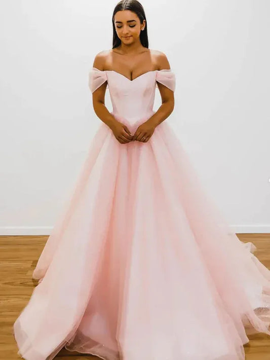 Dreamy A-Line Off-Shoulder Tulle Blush Pink Floor-Length Prom Dress For Sale