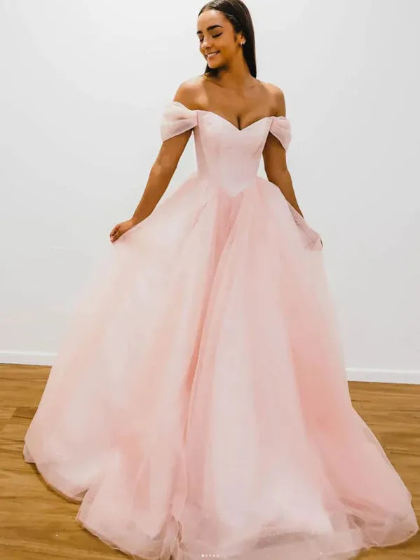 Elegant A-Line Off-Shoulder Sweetheart Tulle Blush Pink Floor-Length Prom Dress for Women