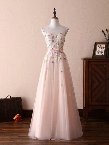 Dreamy A-Line Scoop Neck Sleeveless Floral Blush Prom Dress