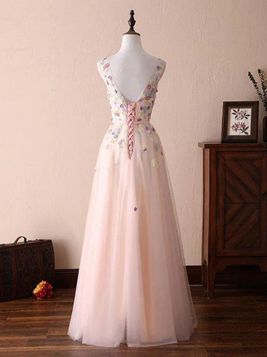 Dreamy A-Line Scoop Neck Sleeveless Floral Blush Prom Dress