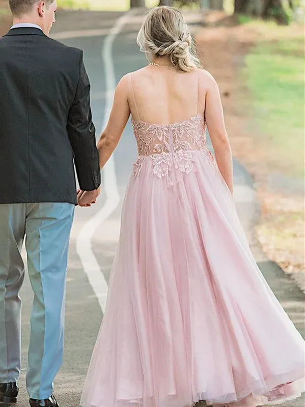 Romantic A-Line V-Neck Applique Lace Tulle Blush Pink Floor-Length Prom Gown for Women