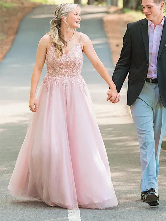 Dreamy A-Line V-Neck Applique Lace Tulle Blush Pink Floor-Length Prom Dress