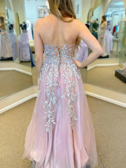 Elegant A-Line V-Neck Lace Applique Blush Pink Floor-Length Prom Dress with Slit for Women