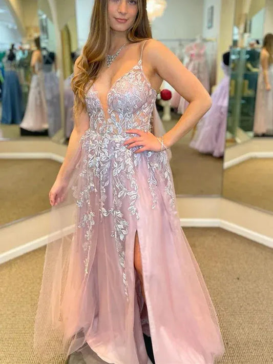 Dreamy A-Line V Neck Lace-Applique Blush Pink Floor-Length Prom Dress With Slit