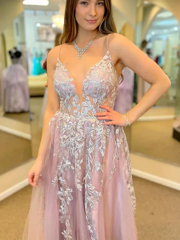 Elegant A-Line V-Neck Lace Applique Blush Pink Floor-Length Prom Dress with Slit for Women
