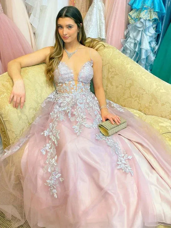 Elegant A-Line V-Neck Lace Applique Blush Pink Floor-Length Prom Dress with Slit for Women
