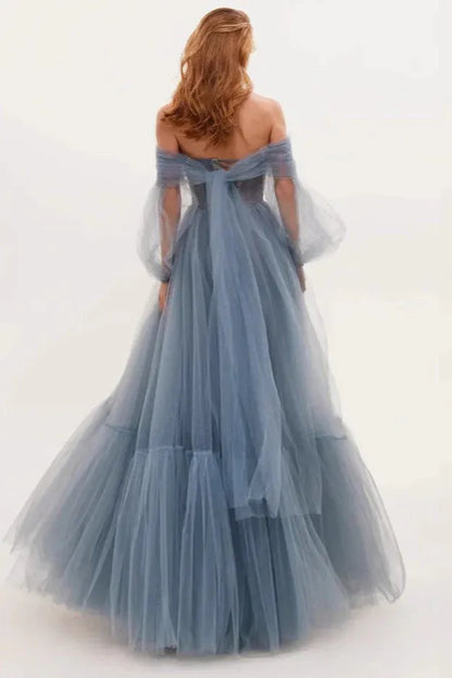 Ethereal A-line Off-Shoulder Puff Sleeve Dusty Blue Tiered Tulle Floor-Length Prom Gown