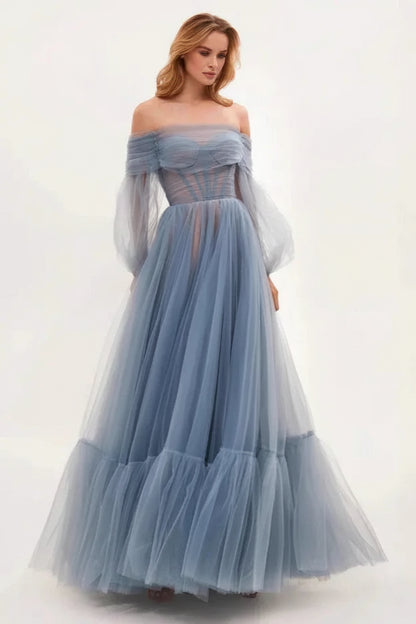 Ethereal A-line Off-Shoulder Puff Sleeve Dusty Blue Tiered Tulle Floor-Length Prom Gown