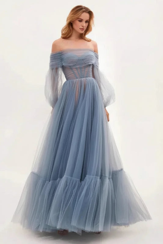 Dreamy A-line Off-Shoulder Puff Sleeve Mesh Dusty Blue Floor-Length Prom Dress