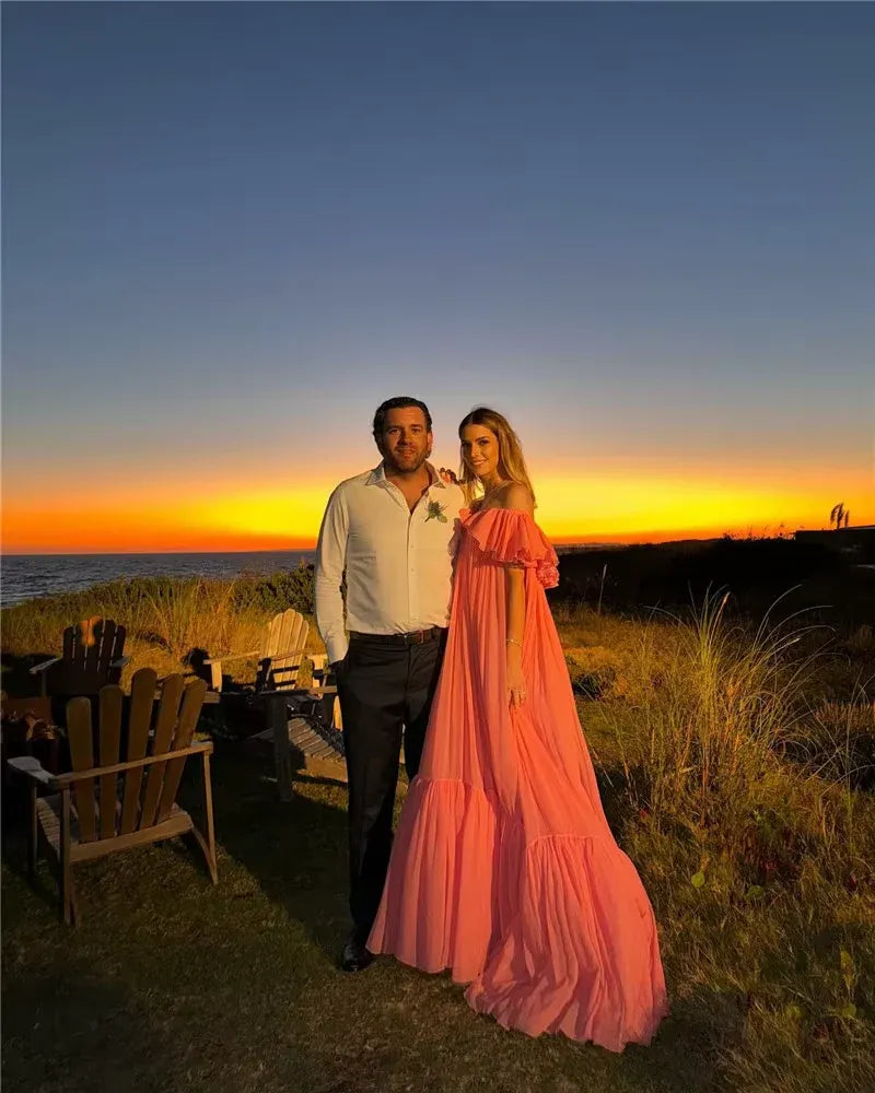 Dreamy A-line Off-the-shoulder Ruffled Hot Pink Chiffon Maxi Prom Dress for Women Hot Sale