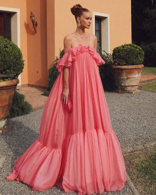 Dreamy A-line Off-the-shoulder Ruffled Hot Pink Chiffon Maxi Prom Dress for Women Hot Sale