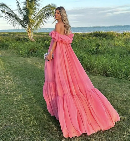Dreamy A-line Off-the-shoulder Ruffled Hot Pink Chiffon Maxi Prom Dress for Women Hot Sale