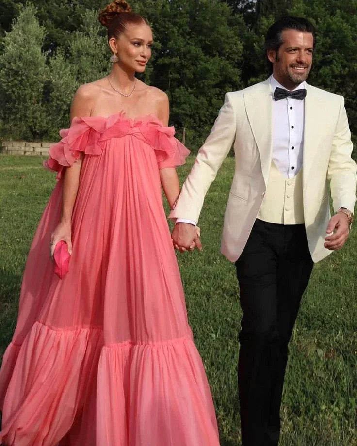 Dreamy A-line Off-the-shoulder Ruffled Hot Pink Chiffon Maxi Prom Dress for Women Hot Sale