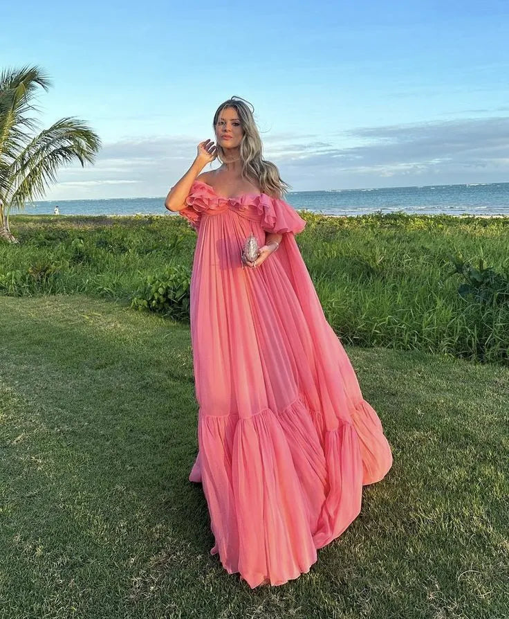 Dreamy A-line Off-the-shoulder Ruffled Hot Pink Chiffon Maxi Prom Dress for Women Hot Sale