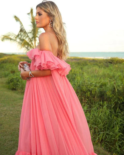 Dreamy A-line Off-the-shoulder Ruffled Hot Pink Chiffon Maxi Prom Dress for Women Hot Sale