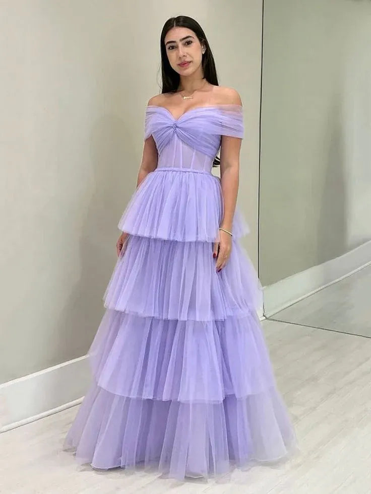 Dreamy A-line Off-the-shoulder Tiered Lilac Floor-length Prom Dress for Women Ready to Ship