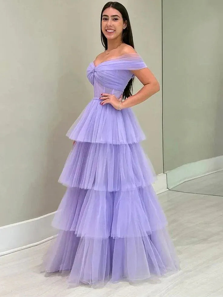 Dreamy A-line Off-the-shoulder Tiered Lilac Floor-length Prom Dress for Women Ready to Ship