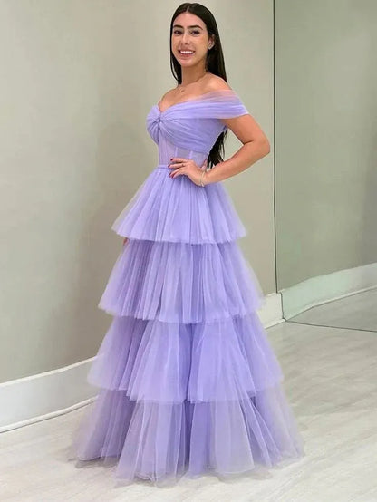 Dreamy A-line Off-the-shoulder Tiered Lilac Floor-length Prom Dress for Women Ready to Ship