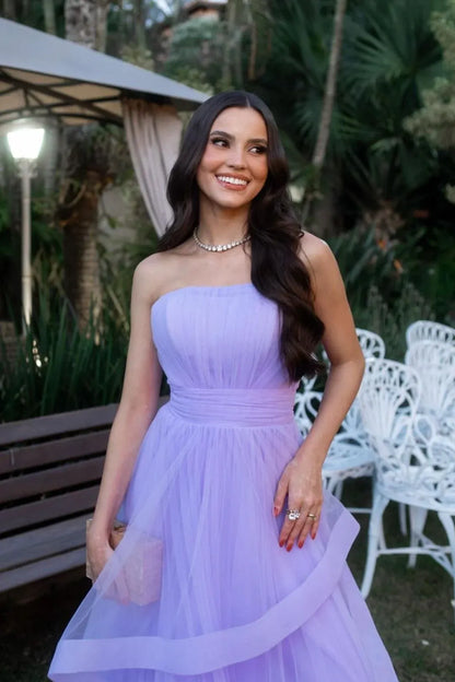 Dreamy A-line Strapless Bow Tulle Lavender Maxi Prom Dress For Sale