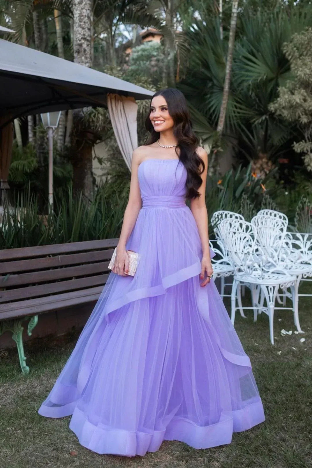 Dreamy A-line Strapless Bow Tulle Lavender Maxi Prom Dress For Sale