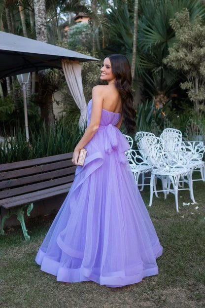 Dreamy A-line Strapless Bow Tulle Lavender Maxi Prom Dress For Sale