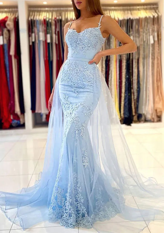 Dreamy Lace-Tulle Floor-Length Evening Dress Light Blue Sweetheart Spaghetti-Strap Women