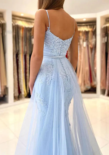 Dreamy Lace-Tulle Floor-Length Evening Dress Light Blue Sweetheart Spaghetti-Strap Women
