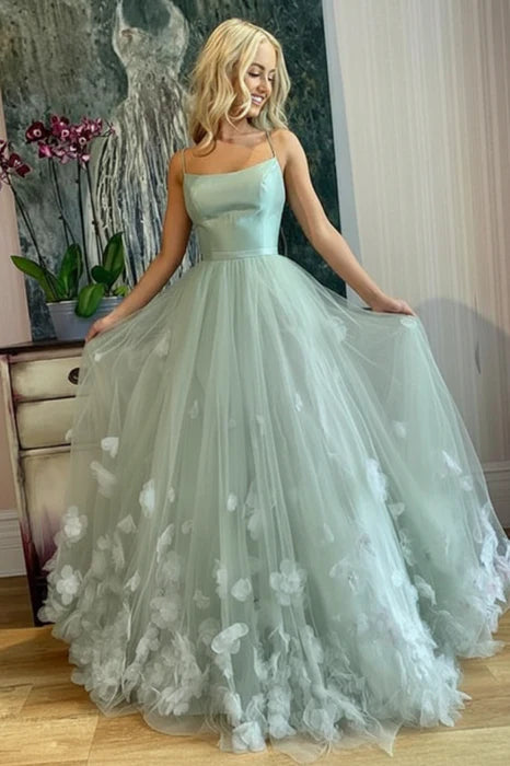 Dreamy Square Neck Sleeveless Floral Tulle Floor-Length Party Dress