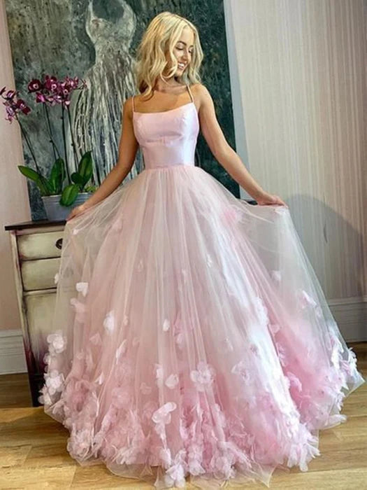 Dreamy Square Neck Sleeveless Floral Tulle Floor-Length Party Dress