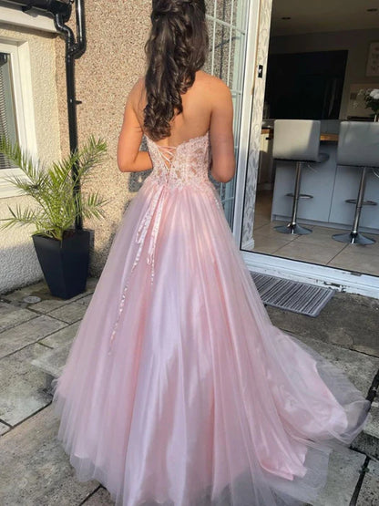 Dreamy Strapless Lace Pink Floor-Length Party Dress
