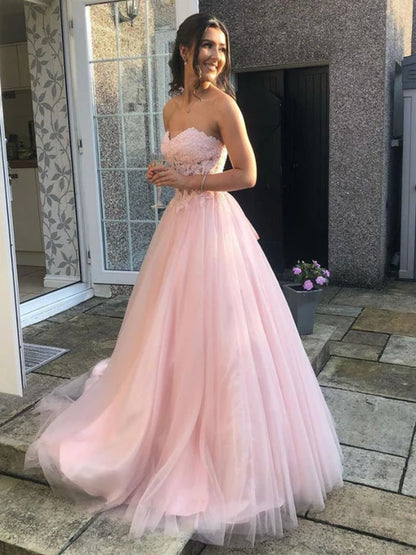Dreamy Strapless Lace Pink Floor-Length Party Dress